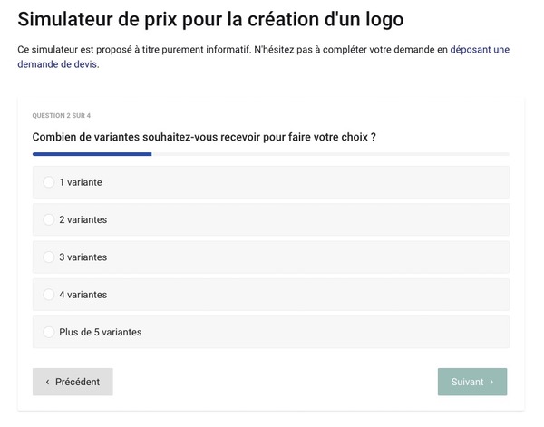 Questionnaire en ligne pour un simulateur de prix de logo