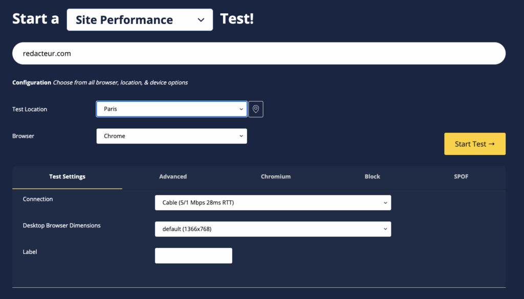 webpage test analyser vitesse site
