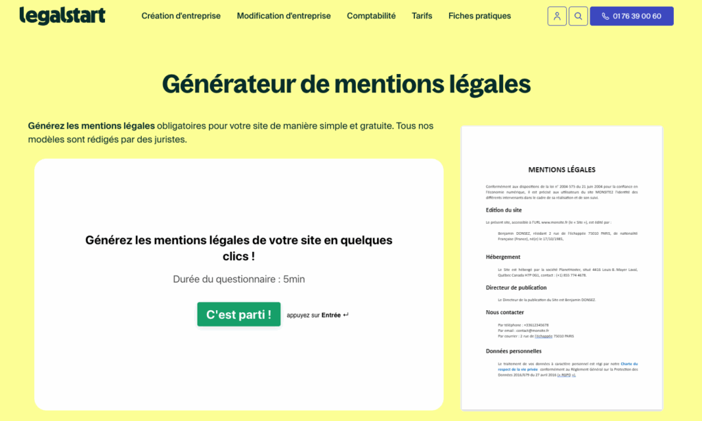 générateur de mentions légales legalstart