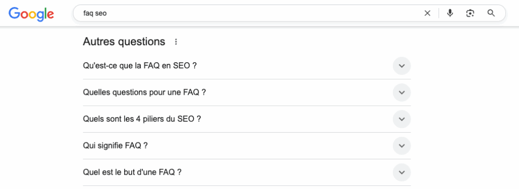 Rubrique Autres questions sur Google pour trouver des idées de questions pour une FAQ SEO