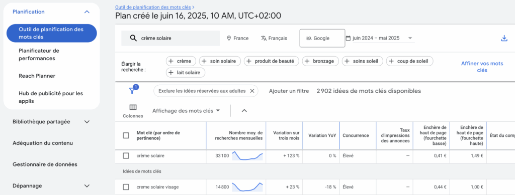 Keyword Planner : trouver volume de recherche mot-clé